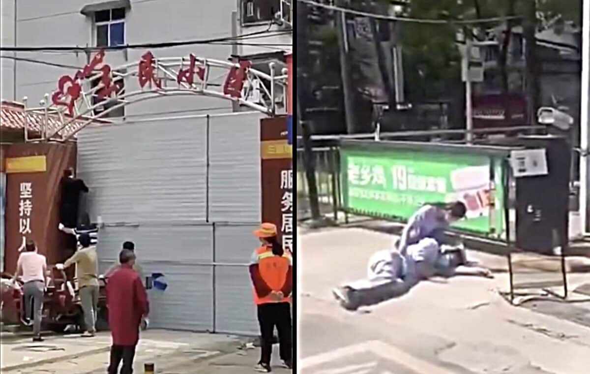 Работниците напълно затварят жилищния комплекс "Санмин", а друг човек пада на улицата в Ухан, Китай, на 14 май 2020 г.
