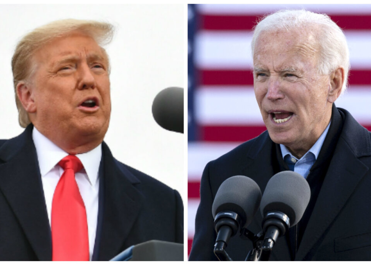 Байдън обяви победа, а Тръмп заяви, че изборите „съвсем не са приключили“ 1 Слово на президента Доналд Тръмп (ляво) по време на „Да възвърнем величието на Америка“ митинг на международното летище на окръг Окланд в Уотърфол Тауншип, щата Мичиган на 30 октомври 2020 г. Кандидатът за президент на демократите Джо Байдън говори по време на предизборна кампания в Айова Стейт Феърграундс в Де Мойн, щата Айова, на 30 октомври 2020 г.