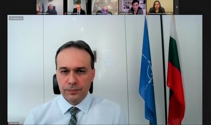 Драгомир Заков на онлайн  среща за сътрудничеството между  НАТО и Грузия в сферата на сигурността на 25 февруати 2021 г. (снимка: МВнР)
