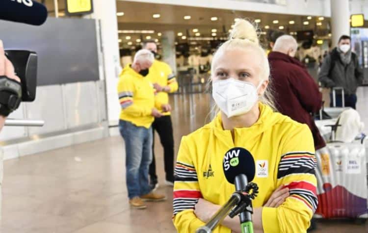 Белгийската състезателка по скелетон Ким Мейлеманс на летището в Брюксел, Завентем, 29 януари 2022 г. (Laurie Dieffembacq/Belga Mag/AFP via Getty Images)
