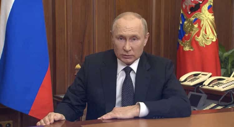 Руският президент Владимир Путин прави обръщение по повод конфликта с Украйна в Москва на 21 септември 2022 г., (снимка: от видеоклип на Руската президентска пресслужба/Кремъл чрез "Ройтерс")
