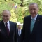 Руският президент Владимир Путин поздравява турския си колега Реджеп Тайип Ердоган преди разговорите им в Сочи, Русия, на 4 септември 2023 г. (Alexey Nikolsky/Pool/AFP via Getty Images)