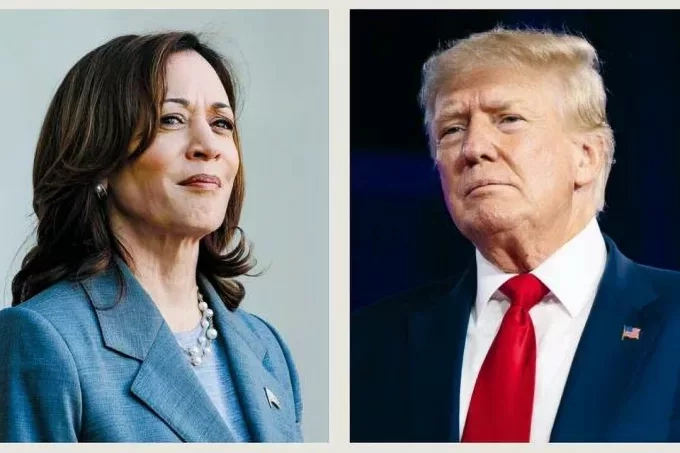 Доналд Тръмп и Камала Харис ще се изправят един срещу друг в дебат 1 (Вляво) Действащият вицепрезидент на САЩ Камала Харис в Белия дом във Вашингтон на 18 март 2024 г. (Вдясно) 45-ят президент на САЩ Доналд Тръмп в Мейсън Сити, Айова, на 5 януари 2024 г. (Анна Мънимейкър; Брандън Бел/Getty Images)