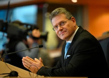 Еврокомисарят по търговски отношения Марош Шефчович от Словакия на изслушването си в ЕК на 4-ти ноември 2024 г. Снимка: Никлъс Тука/AFP чрез Getty Images