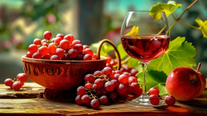 festival young wine glass wine bunches grapes table against backdrop