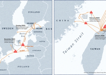 Китайски следи около срязани подводни кабели в Европа и Азия