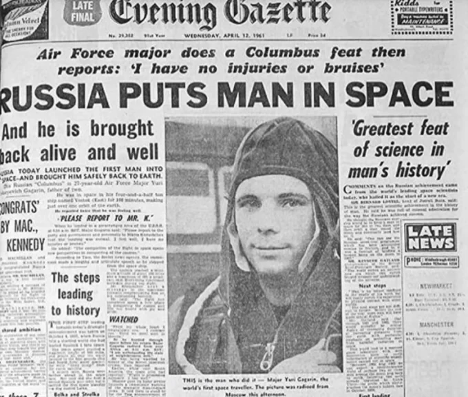 Корицата на нюйоркския вестник "Еvening gazette" на 12-ти април 1961 г.