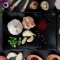 top view plate vegetables as garlic cut scallion with onion egg spices moaoaroon background