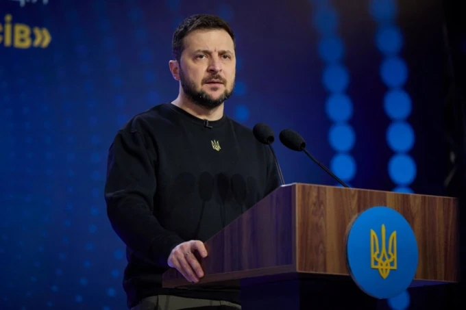 Украинският президент Володимир Зеленски присъства на Международен форум за правата на човека на фона на нападението на Русия срещу Украйна в Киев, Украйна, на 9 декември 2022 г. Пресслужба на украинския президент/Материал чрез Ройтерс.