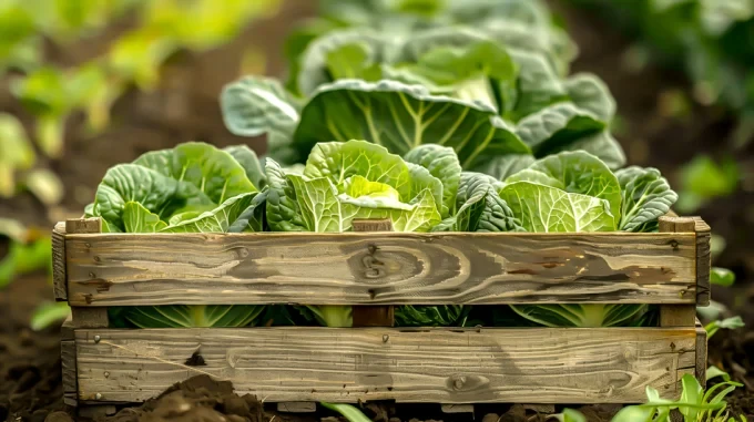 wooden crate with cabbage it field