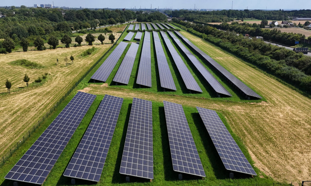 Слънчеви панели на слънчево поле в Моерс, Германия, на 5 август 2024 г. (Ina Fassbender/AFP via Getty Images)
