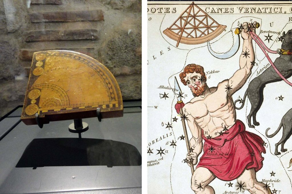 Един от най-впечатляващите метеоритни дъждове тази година ще открие 2026-та - ето какво трябва да знаете 33 (Вляво) Инструмент, наречен квадрант, се използвал в миналото за измерване височината на небесни обекти като слънцето, луната и звездите (Shutterstock/Elif Akay); (Вдясно) Ръкопис изобразява вече остарялото съзвездие Quadrans Muralis. (Public Domain)