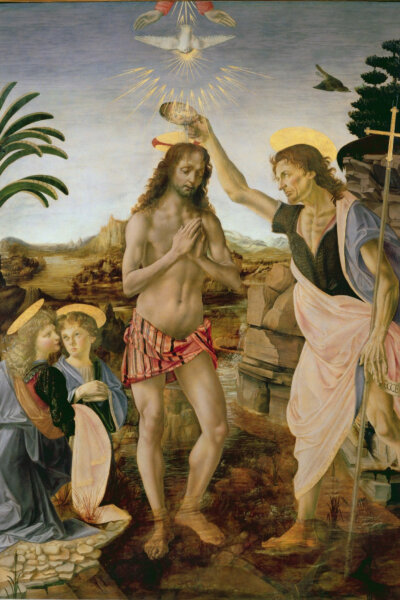 Разгадаване на Да Винчи, показване на човешкото в Леонардо 3 "Кръщението Христово," 1472–1475, дело на Верокио и Леонардо. Галерия Уфици. Ангелът на Леонардо е най-вляво. (Public Domain)