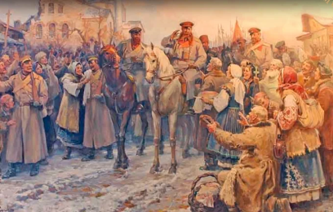 Картината "Посрещането на генерал Гурко в София", дело на художника Димитър Гюдженов, е нарисувана през 1953 г.