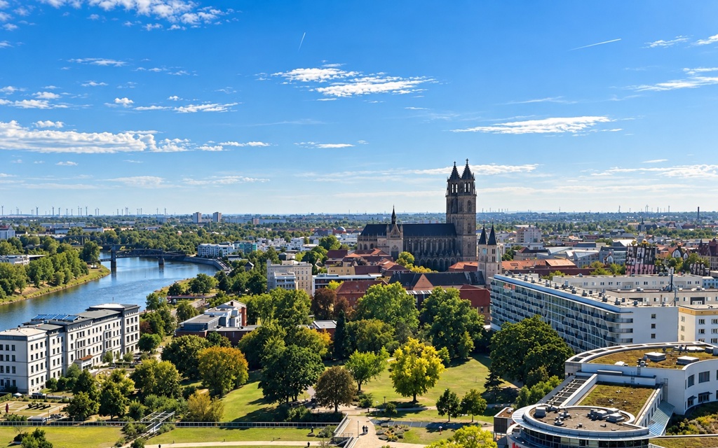 AfD спечели ключови регионални избори в Германия 37 Двете кули на Магдебургската катедрала се извисяват над Елба, парковете и покривите. (Etienne Fauchaire / The Epoch Times)