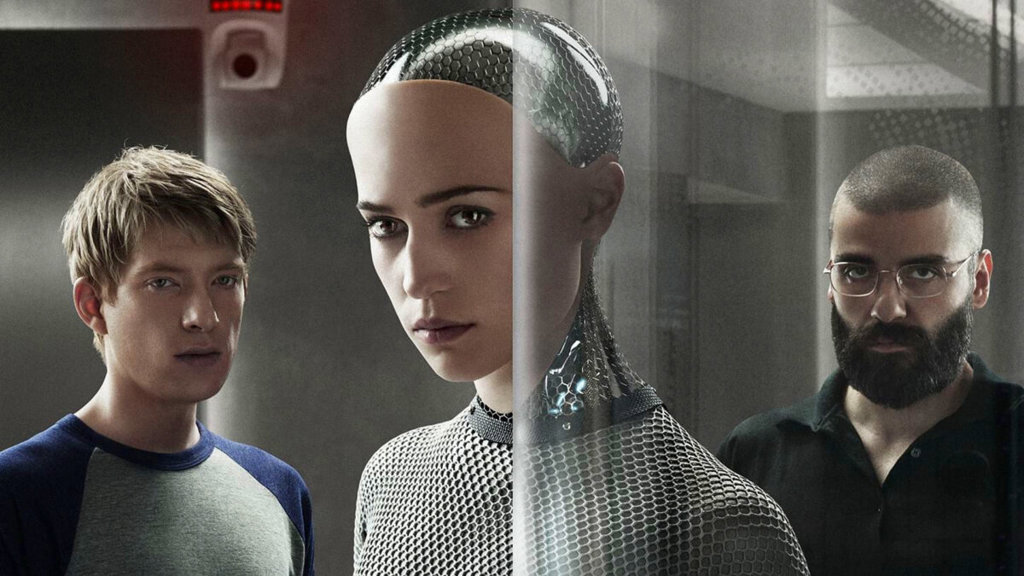 AI в киното: То беше точно пред очите ни 25 (Отляво надясно) Кейлъб Смит (Домнал Глийсън), Ейва (Алисия Викандер) и Нейтън Бейтман (Оскар Айзък) в „Ex Machina“. (A24)