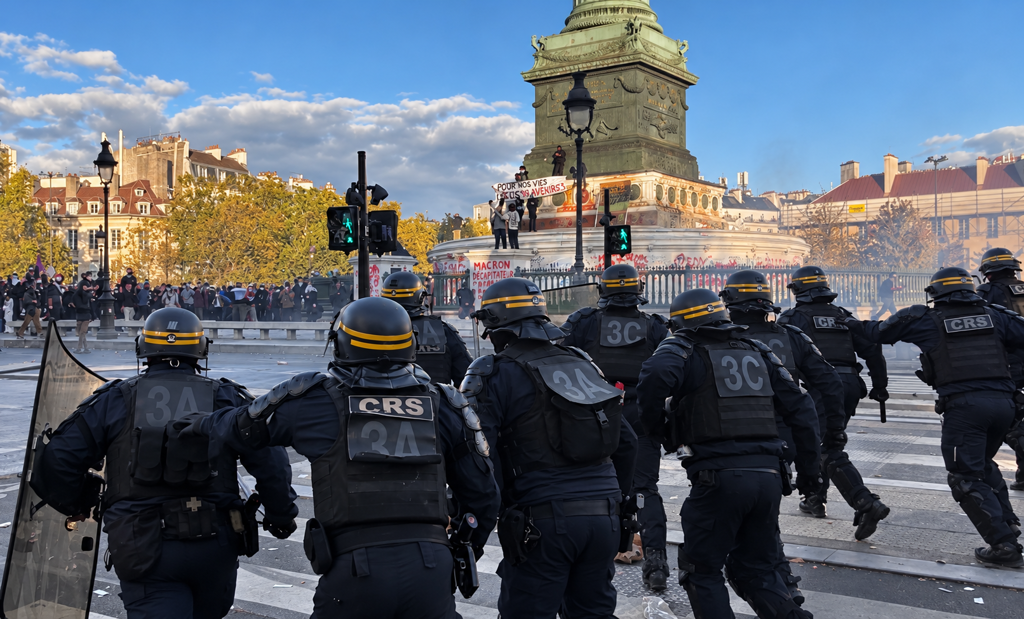 „Превзехме Бастилията“: Парижки ученици протестираха срещу полицията, а крайната левица се опитва да си припише движението 24 Френска полиция за борба с безредиците напредва към протестиращи сред сълзотворен газ на площад „Бастилия“ по време на гимназиален протест в Париж на 8 октомври 2026 г. (Etienne Fauchaire/The Epoch Times)