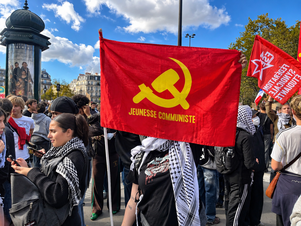„Превзехме Бастилията“: Парижки ученици протестираха срещу полицията, а крайната левица се опитва да си припише движението 25 Протестиращ държи червено знаме с емблемата сърп и чук на Френското младежко комунистическо движение по време на гимназиален протест на площад „Бастилия“ в Париж на 8 октомври 2026 г. (Etienne Fauchaire/The Epoch Times)